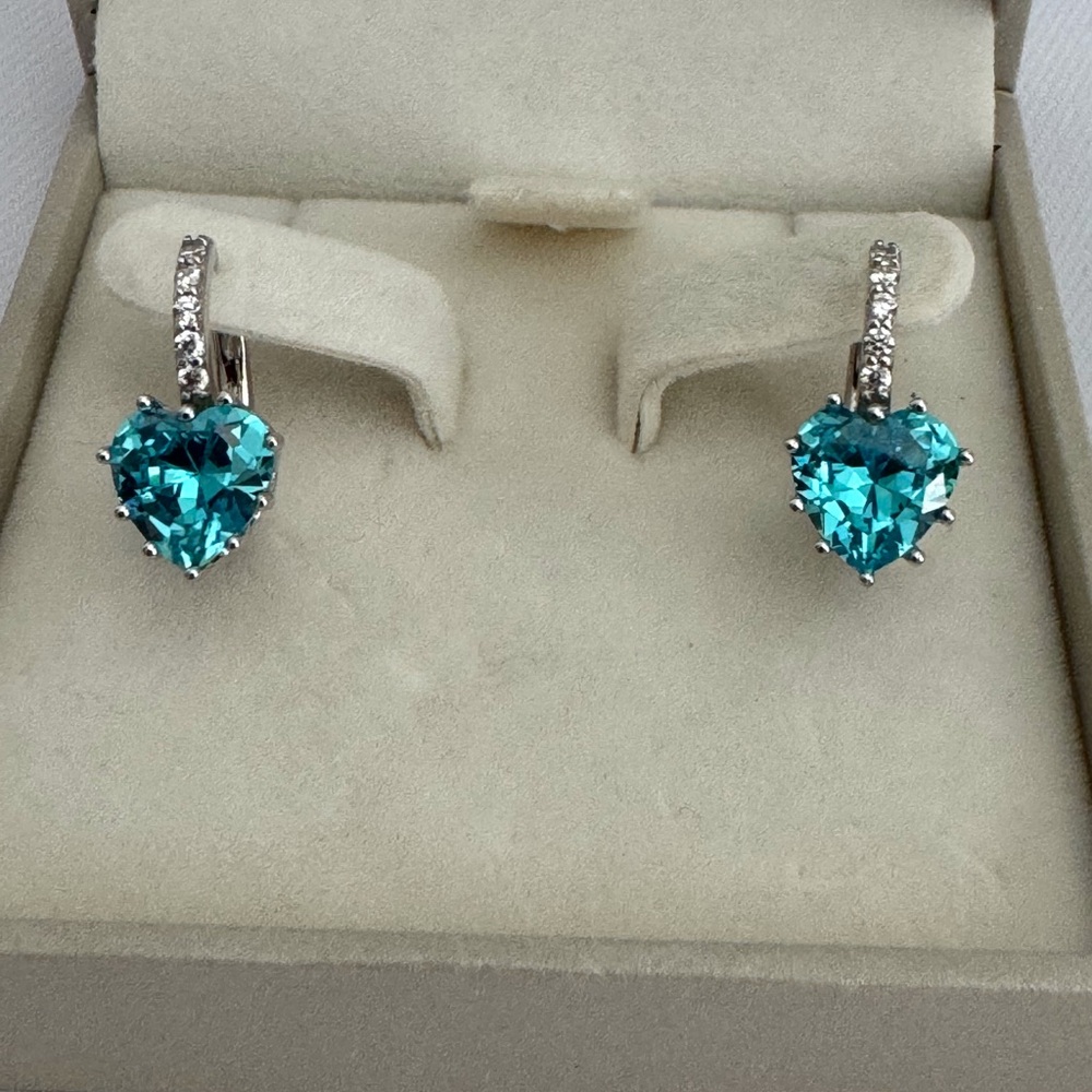 Sterling Silver Heart Shape Aquamarine and Cubic Zirconia Earrings